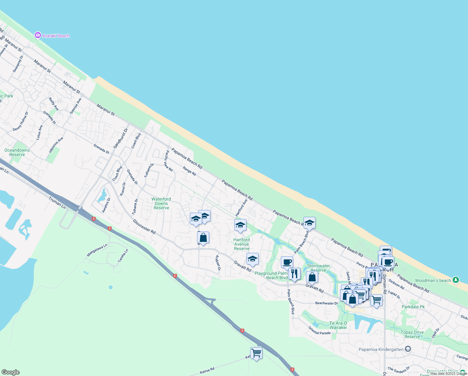 map of restaurants, bars, coffee shops, grocery stores, and more near Papamoa Beach Road in Papamoa