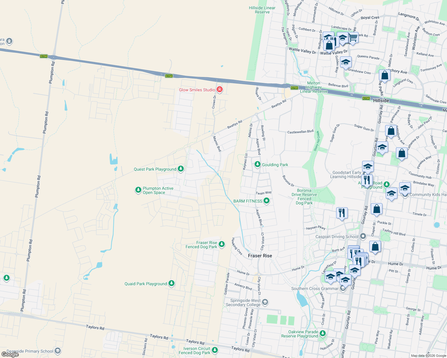 map of restaurants, bars, coffee shops, grocery stores, and more near Angelica Circuit in Fraser Rise