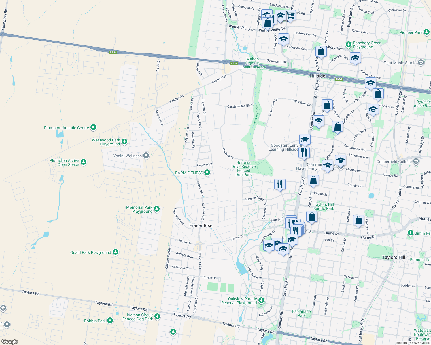 map of restaurants, bars, coffee shops, grocery stores, and more near 47 Twain Way in Plumpton