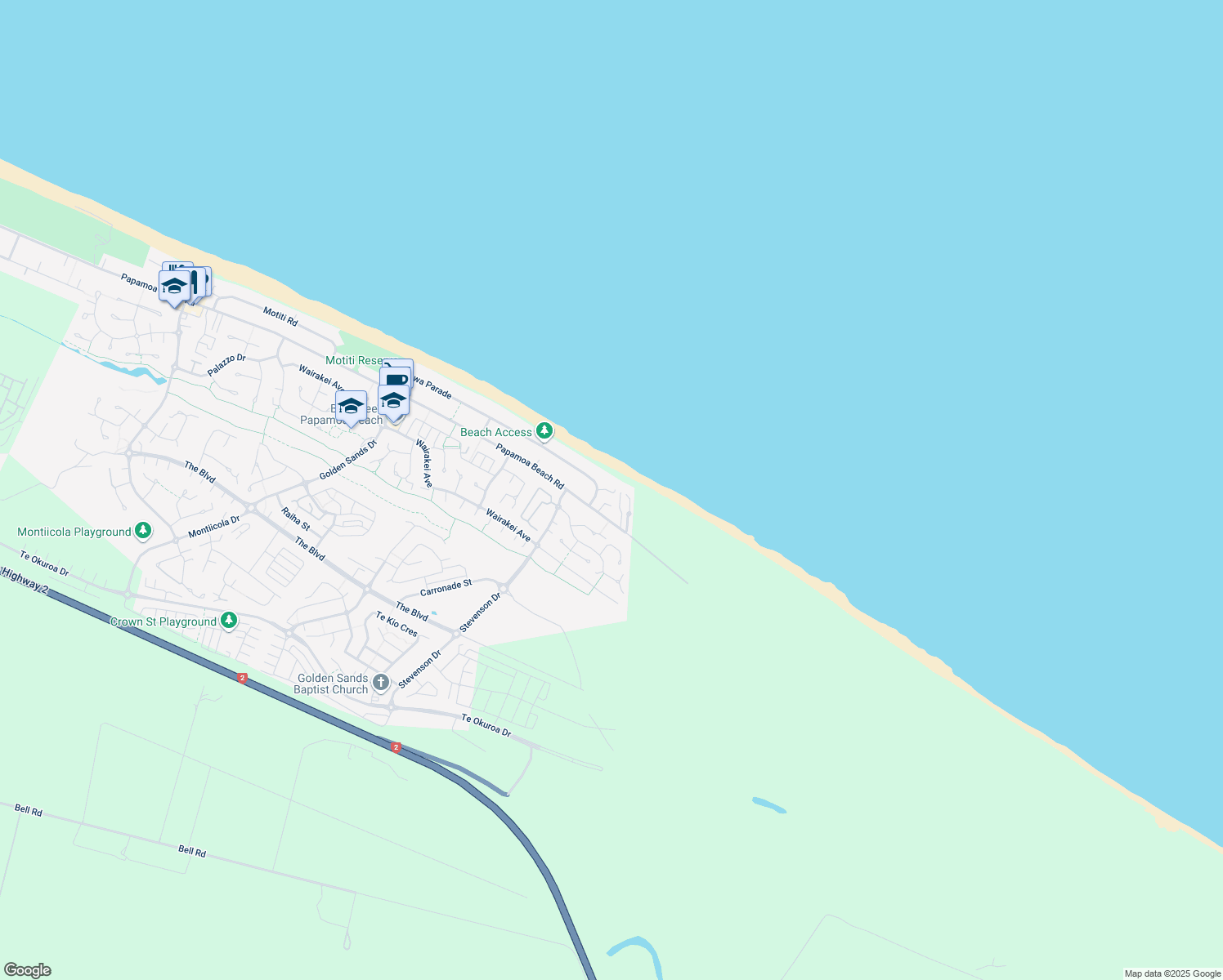 map of restaurants, bars, coffee shops, grocery stores, and more near 151 Karewa Parade in Papamoa