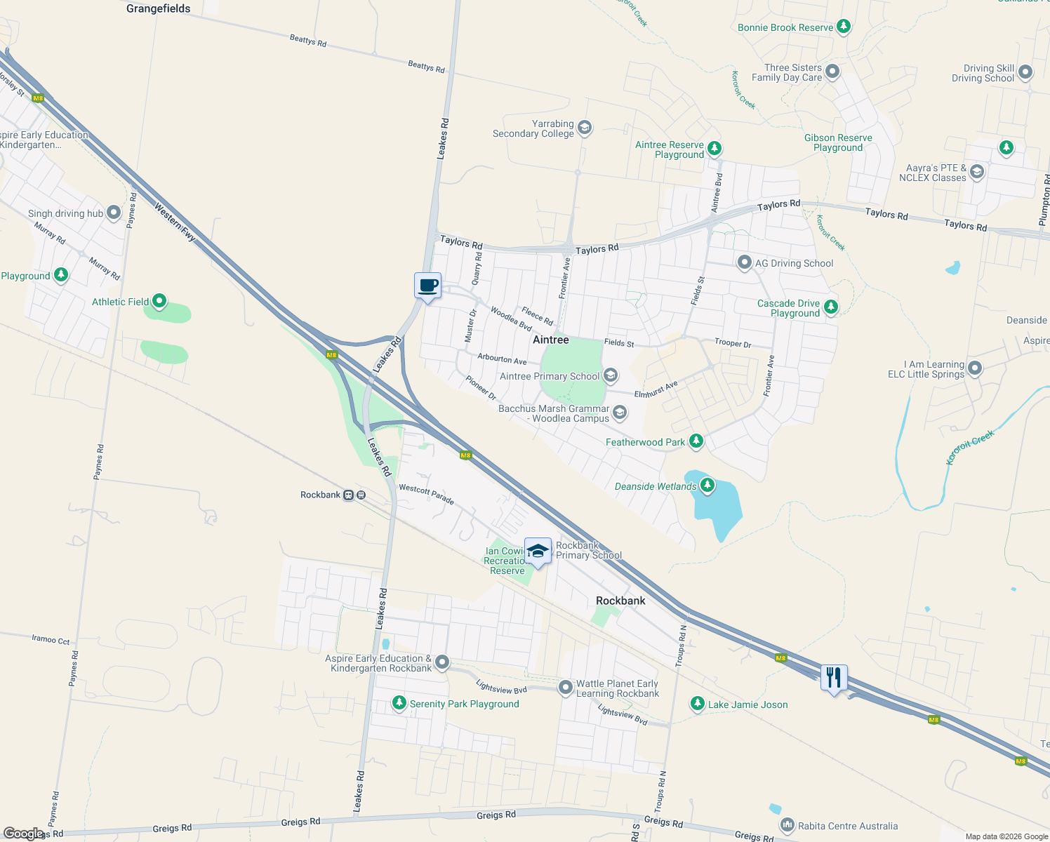 map of restaurants, bars, coffee shops, grocery stores, and more near Devine Lane in Rockbank