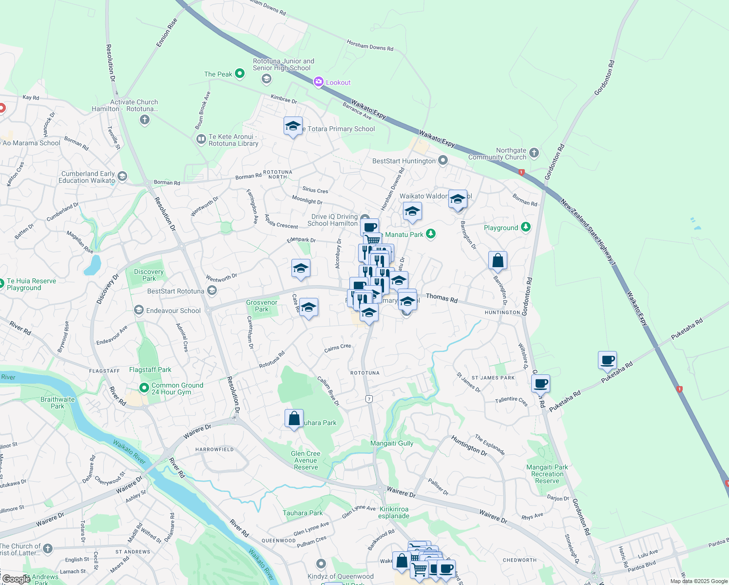 map of restaurants, bars, coffee shops, grocery stores, and more near Thomas Road in Hamilton