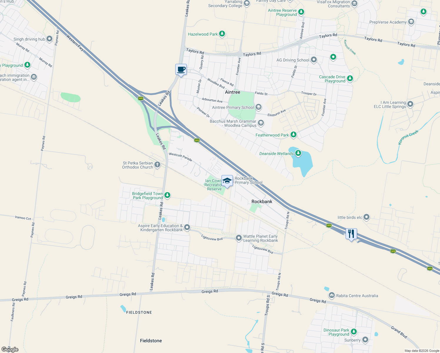 map of restaurants, bars, coffee shops, grocery stores, and more near in Rockbank