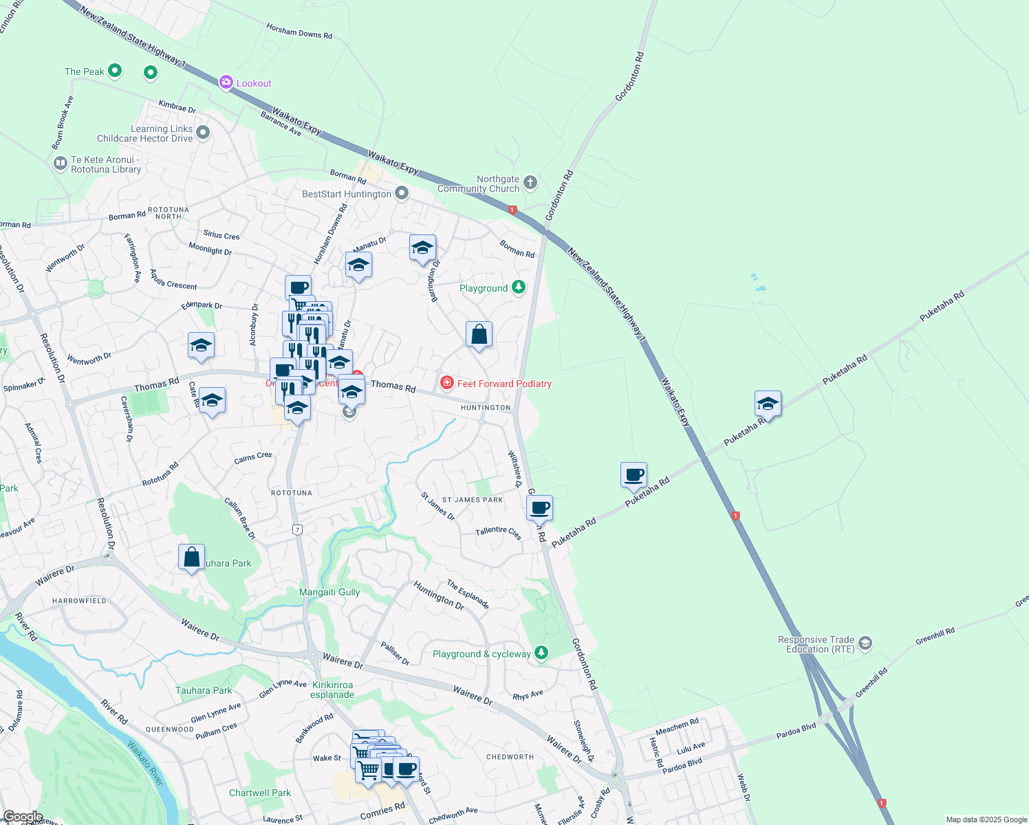 map of restaurants, bars, coffee shops, grocery stores, and more near Thomas Road in Hamilton