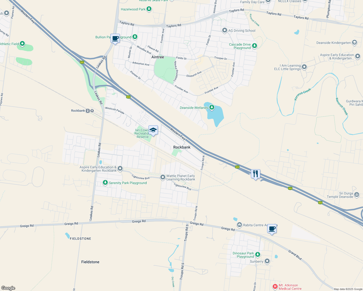 map of restaurants, bars, coffee shops, grocery stores, and more near 32 Westcott Parade in Rockbank