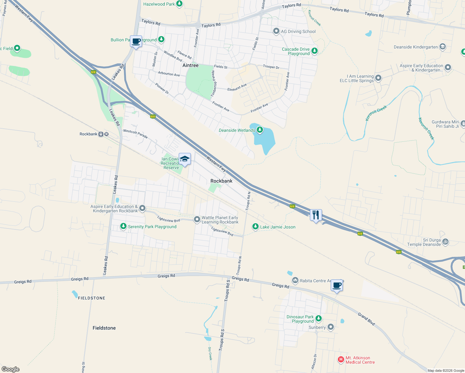 map of restaurants, bars, coffee shops, grocery stores, and more near 24 Westcott Parade in Rockbank