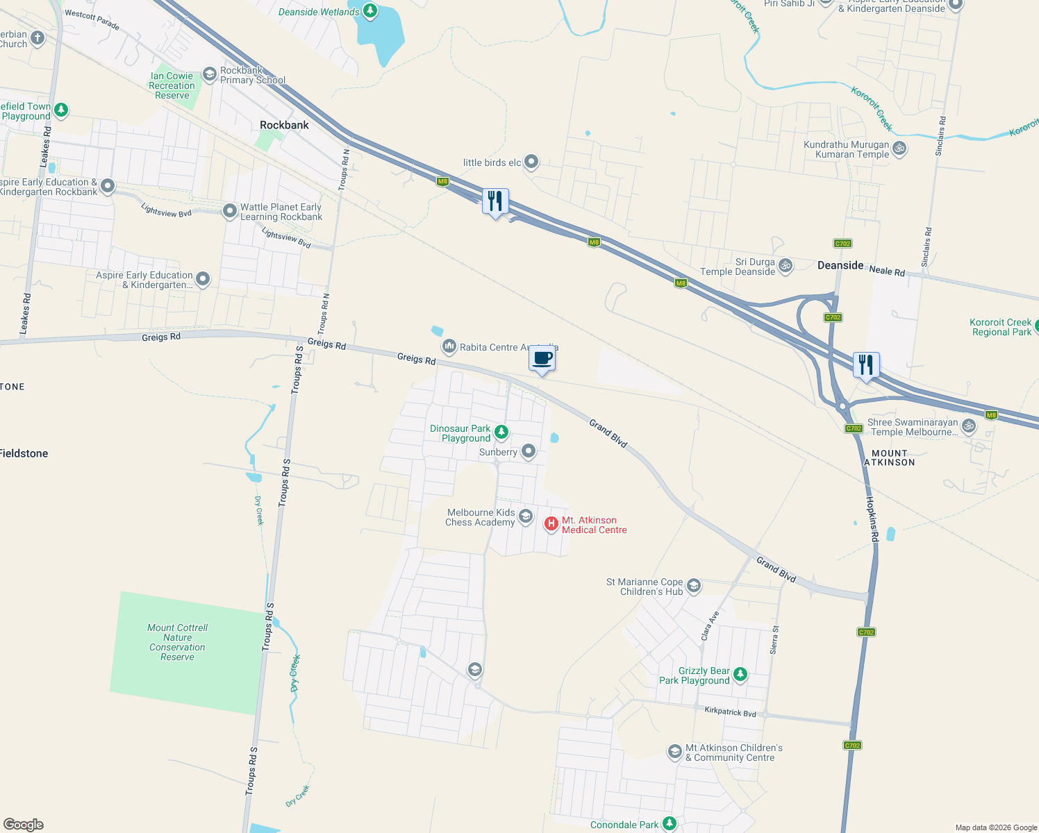 map of restaurants, bars, coffee shops, grocery stores, and more near Carding Street in Truganina