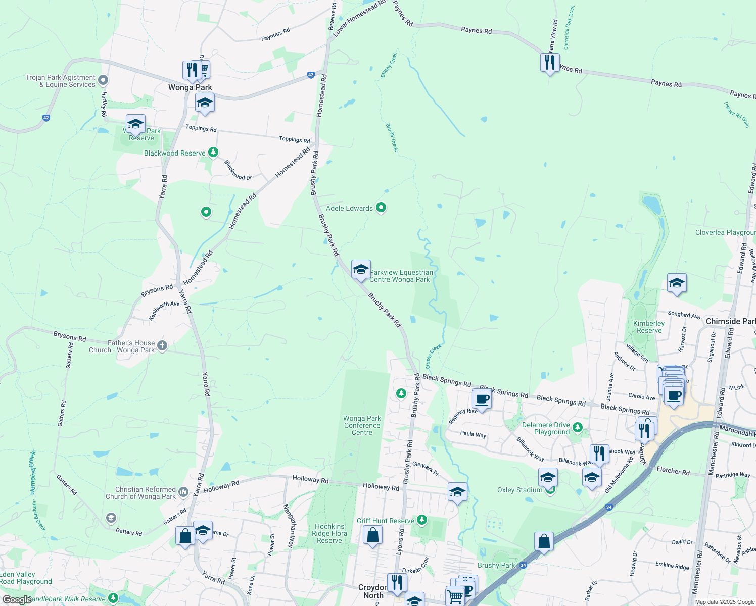 map of restaurants, bars, coffee shops, grocery stores, and more near Brushy Park Road in Wonga Park