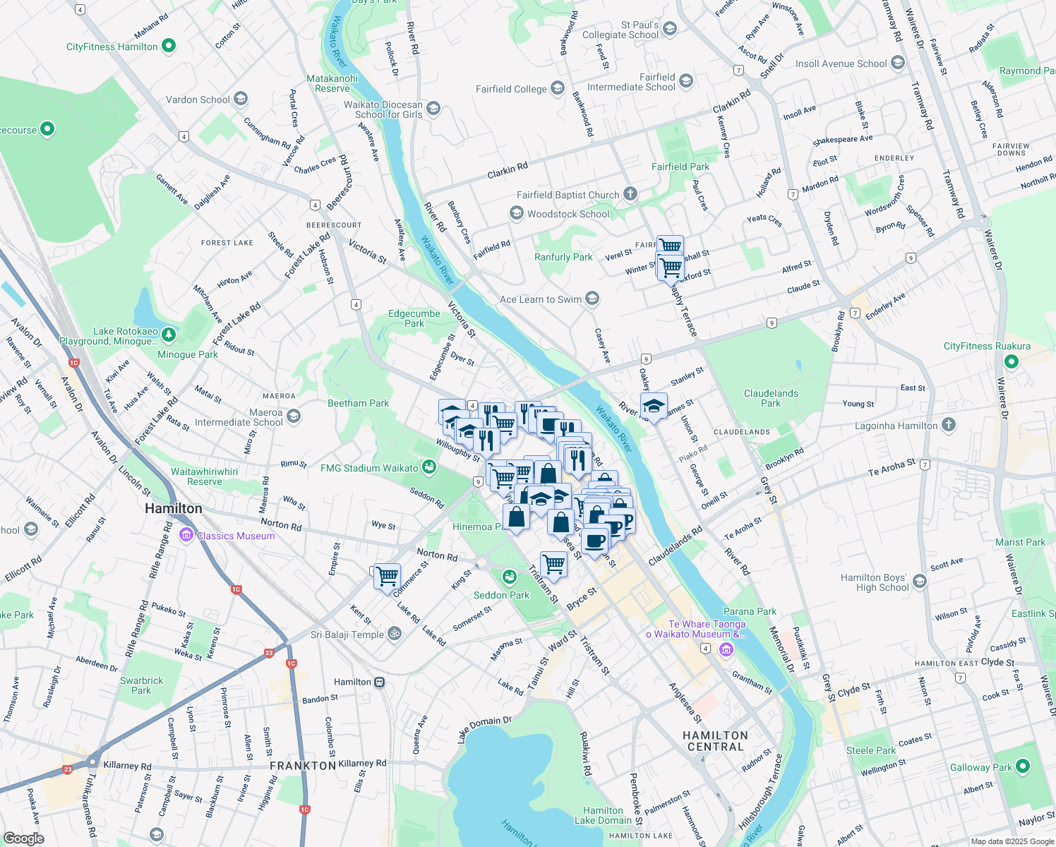 map of restaurants, bars, coffee shops, grocery stores, and more near 84 Ulster Street in Hamilton