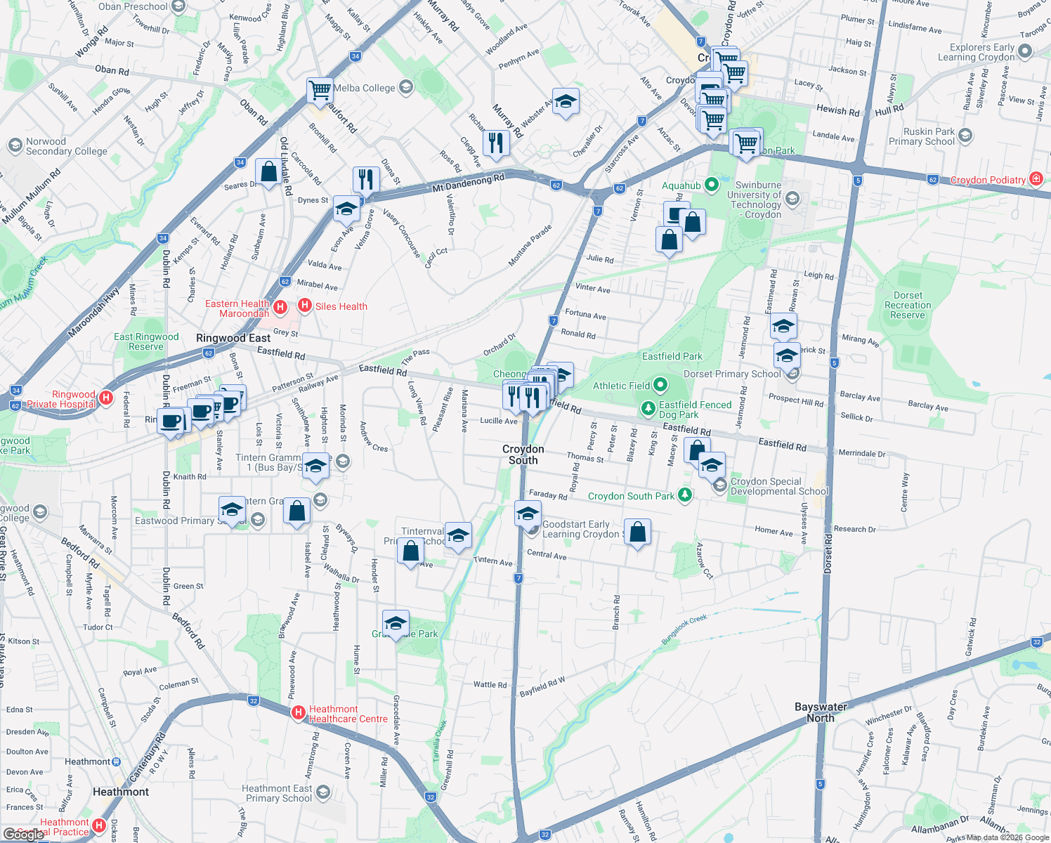map of restaurants, bars, coffee shops, grocery stores, and more near in Croydon South