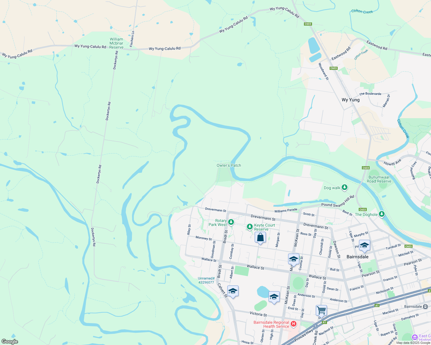 map of restaurants, bars, coffee shops, grocery stores, and more near 14 Mitchell River Flats in Bairnsdale