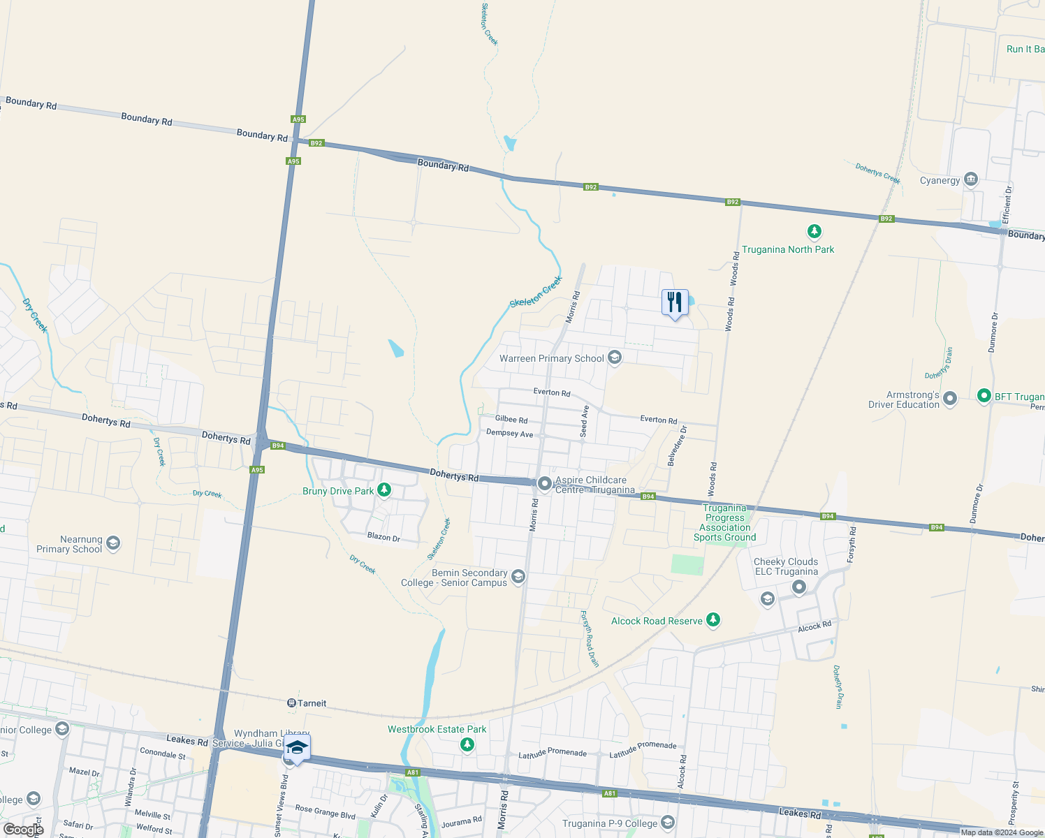 map of restaurants, bars, coffee shops, grocery stores, and more near Gilbee Road in Truganina