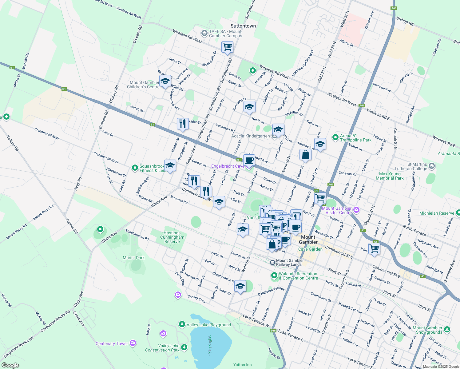 map of restaurants, bars, coffee shops, grocery stores, and more near 21 Ehret St in Mt Gambier
