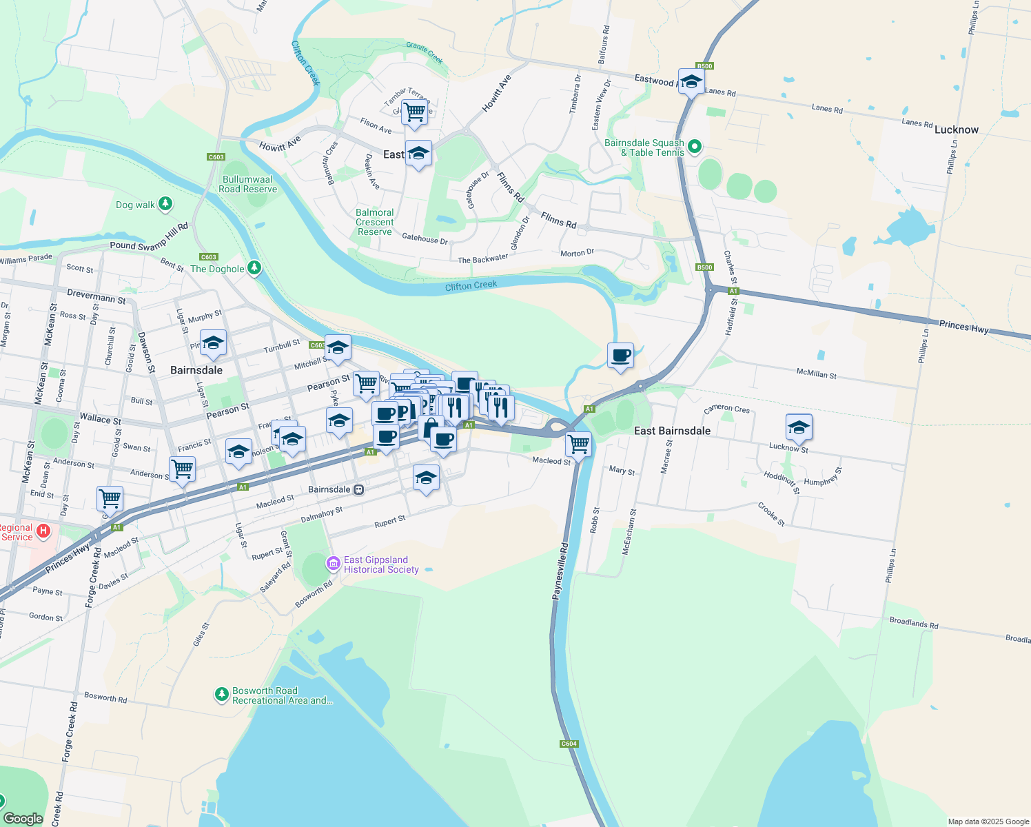 map of restaurants, bars, coffee shops, grocery stores, and more near 2 Main Street in Bairnsdale