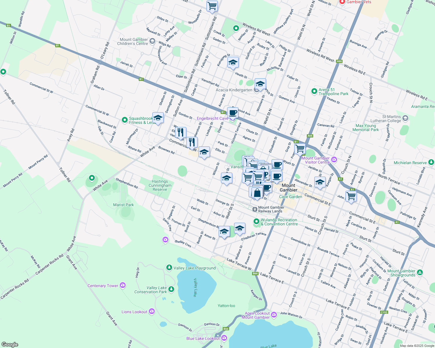 map of restaurants, bars, coffee shops, grocery stores, and more near 15 Wilson Street in Mount Gambier
