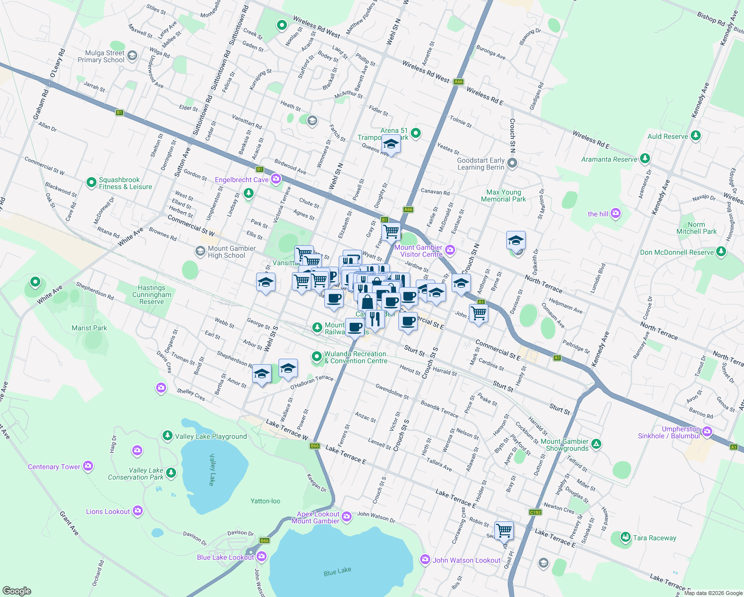map of restaurants, bars, coffee shops, grocery stores, and more near in Mount Gambier