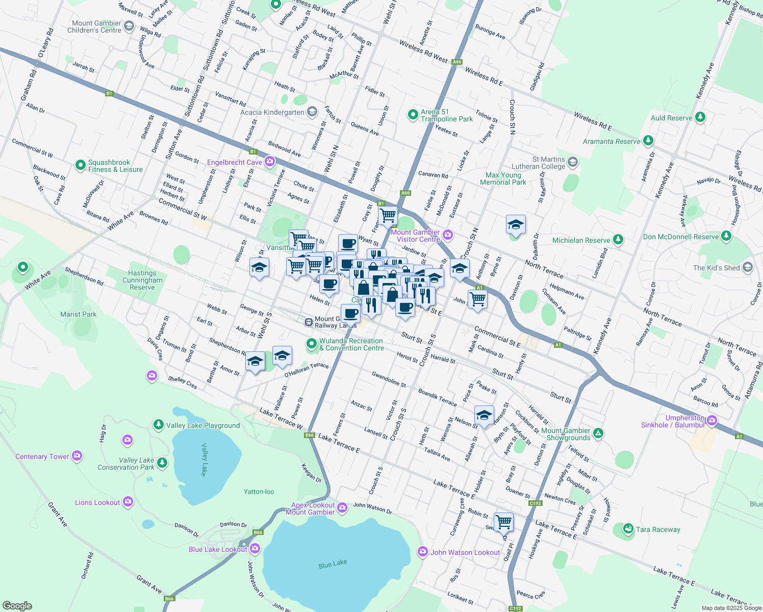 map of restaurants, bars, coffee shops, grocery stores, and more near 6 Ferrers Street in Mount Gambier