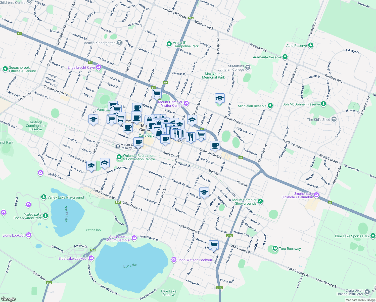 map of restaurants, bars, coffee shops, grocery stores, and more near 11 Anthony Street in Mount Gambier