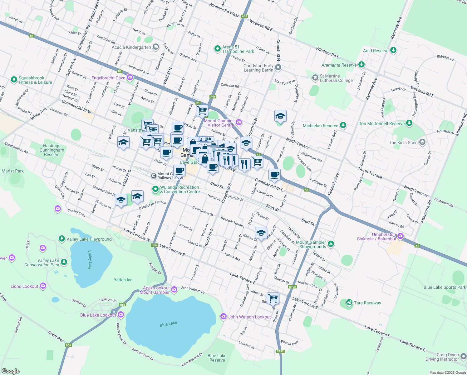 map of restaurants, bars, coffee shops, grocery stores, and more near 11 Anthony Street in Mount Gambier