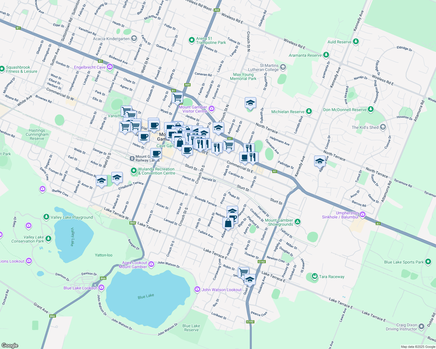 map of restaurants, bars, coffee shops, grocery stores, and more near 31 Sturt Street in Mount Gambier