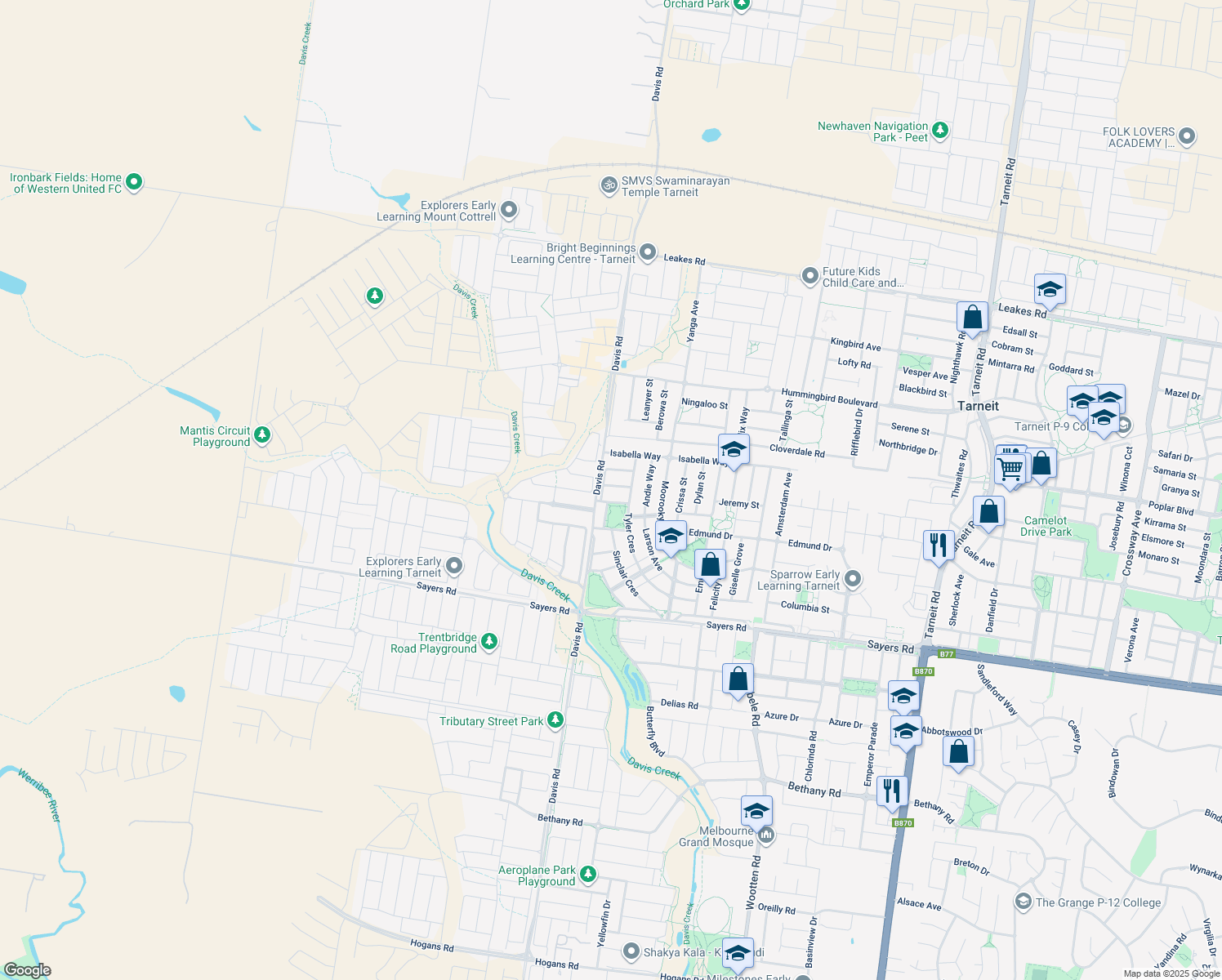 map of restaurants, bars, coffee shops, grocery stores, and more near 11 Ebony Way in Tarneit