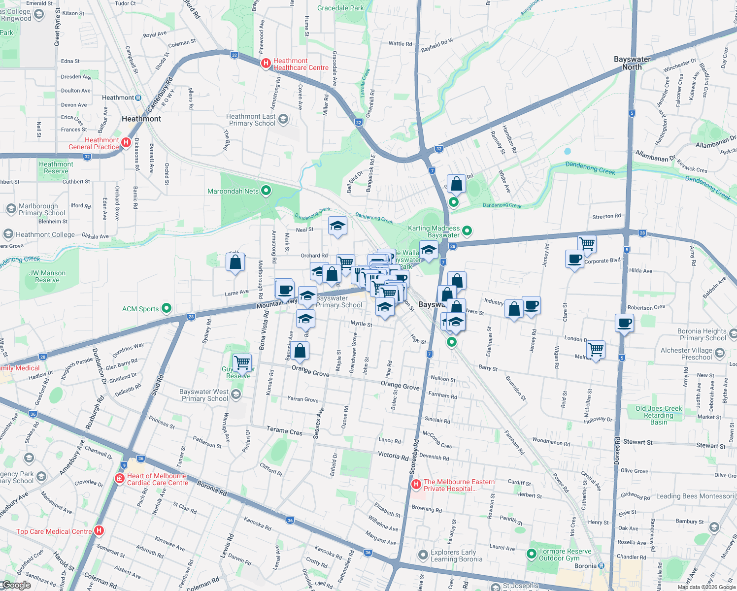 map of restaurants, bars, coffee shops, grocery stores, and more near 688A Mountain Hwy in Bayswater