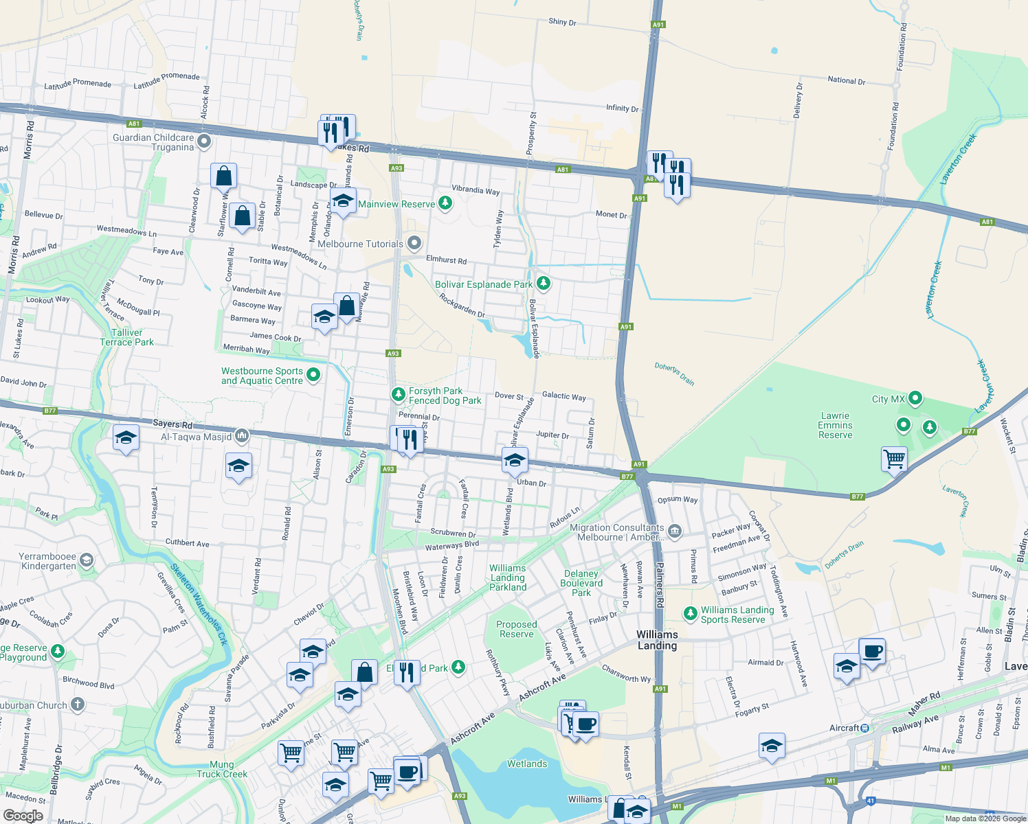 map of restaurants, bars, coffee shops, grocery stores, and more near 10 Choy Street in Truganina