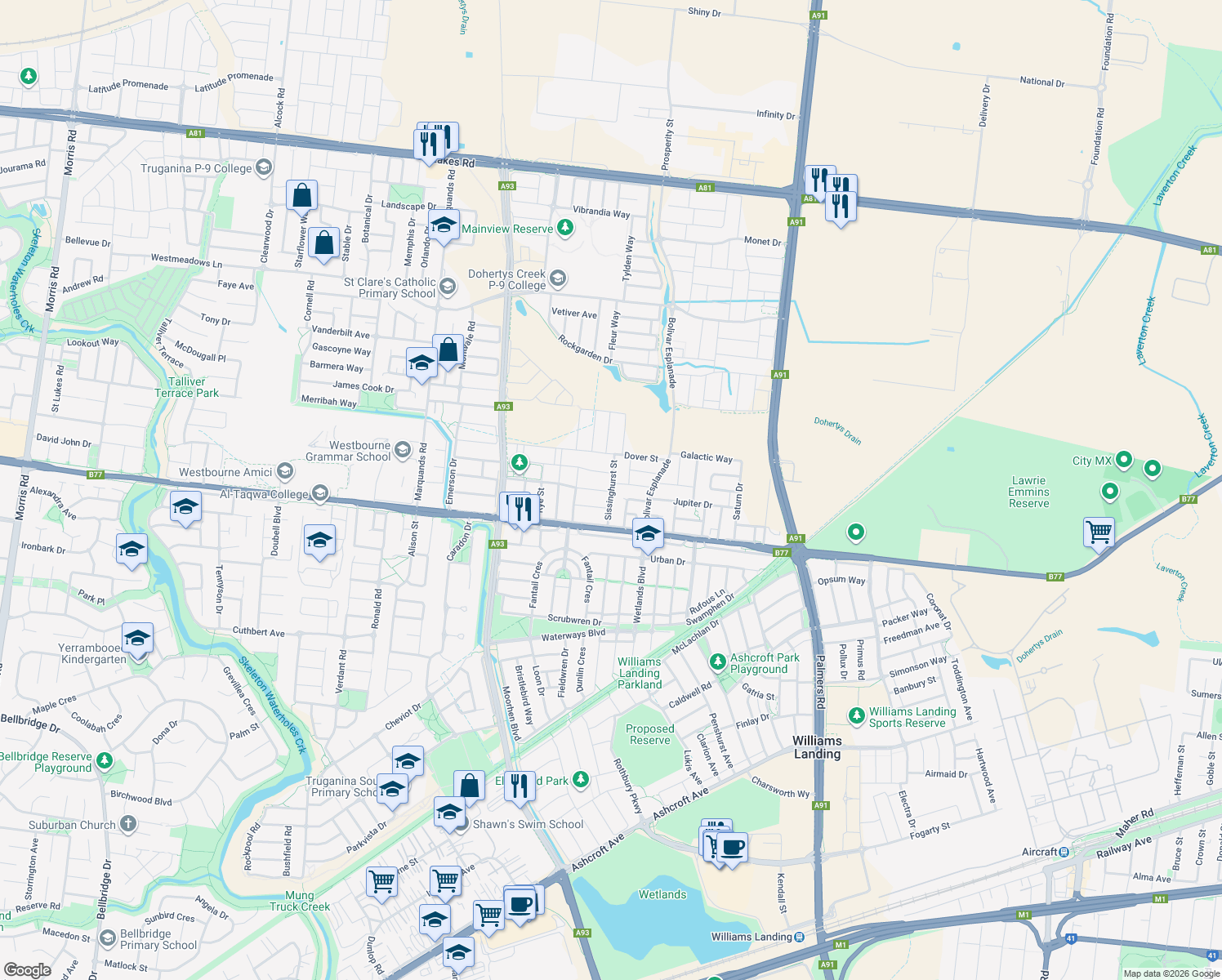 map of restaurants, bars, coffee shops, grocery stores, and more near Sissinghurst Street in Truganina