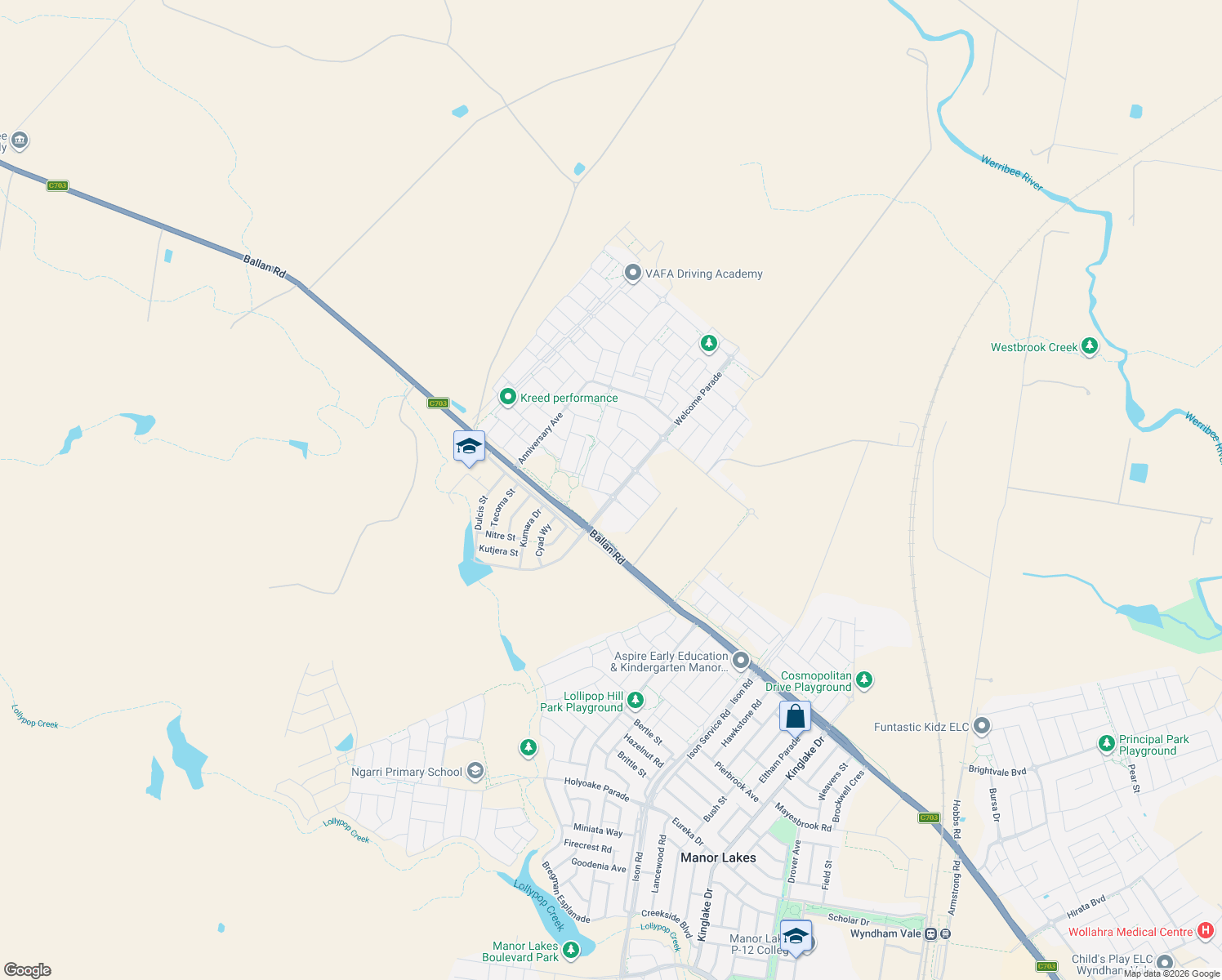 map of restaurants, bars, coffee shops, grocery stores, and more near 39 Memory Crescent in Wyndham Vale