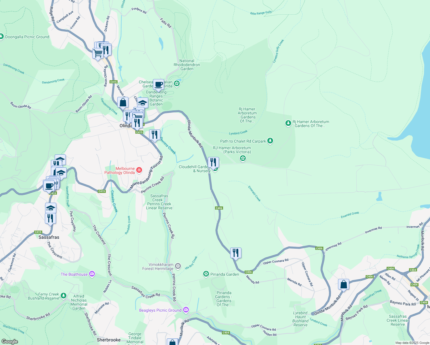 map of restaurants, bars, coffee shops, grocery stores, and more near 89 Olinda-Monbulk Road in Olinda