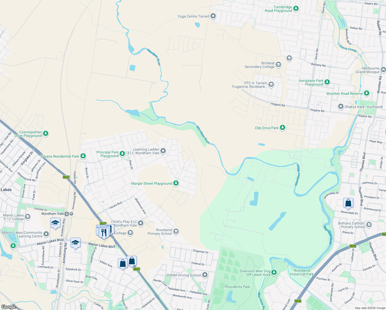 map of restaurants, bars, coffee shops, grocery stores, and more near 166 Micropora Drive in Wyndham Vale
