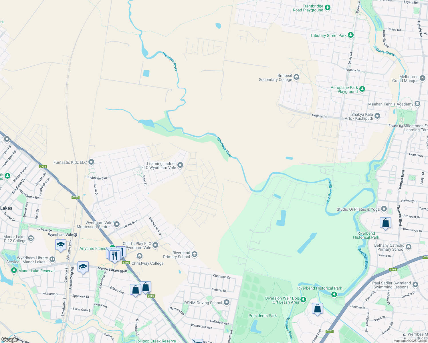 map of restaurants, bars, coffee shops, grocery stores, and more near 166 Micropora Drive in Wyndham Vale