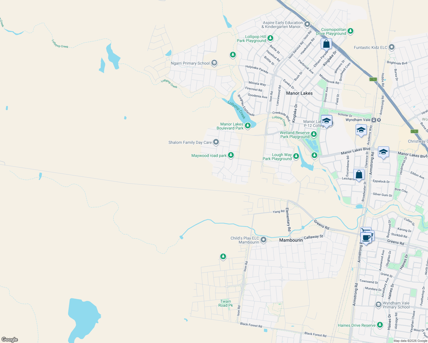 map of restaurants, bars, coffee shops, grocery stores, and more near Granville Street in Manor Lakes