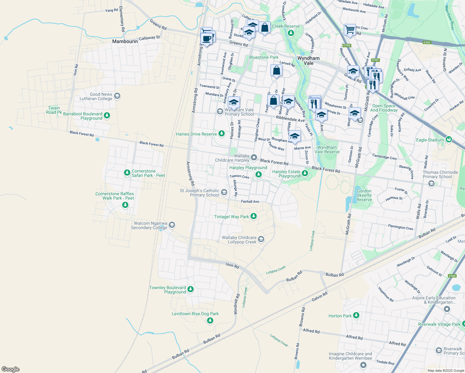 map of restaurants, bars, coffee shops, grocery stores, and more near Nalara Street in Werribee