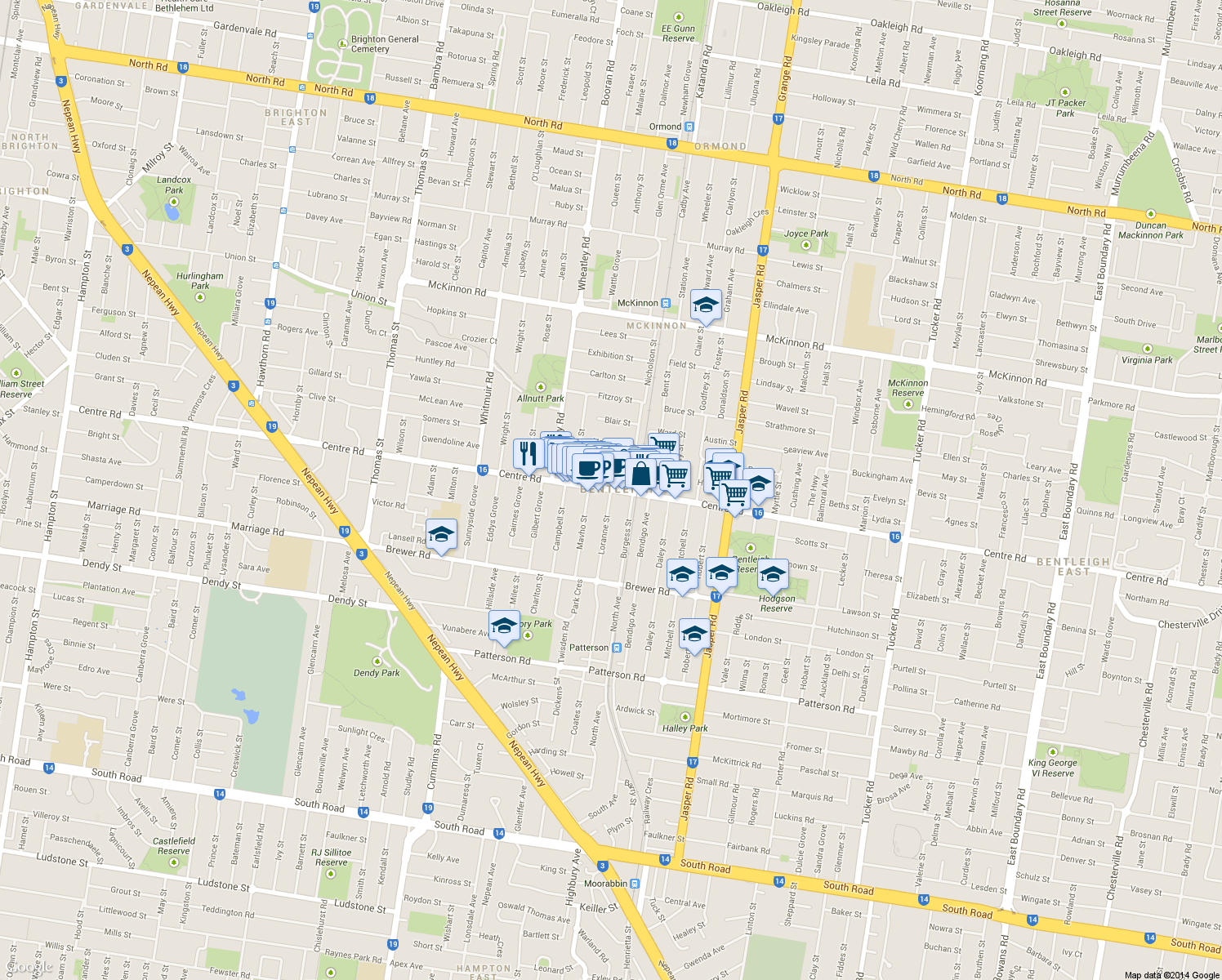 map of restaurants, bars, coffee shops, grocery stores, and more near 39 Loranne Street in Bentleigh
