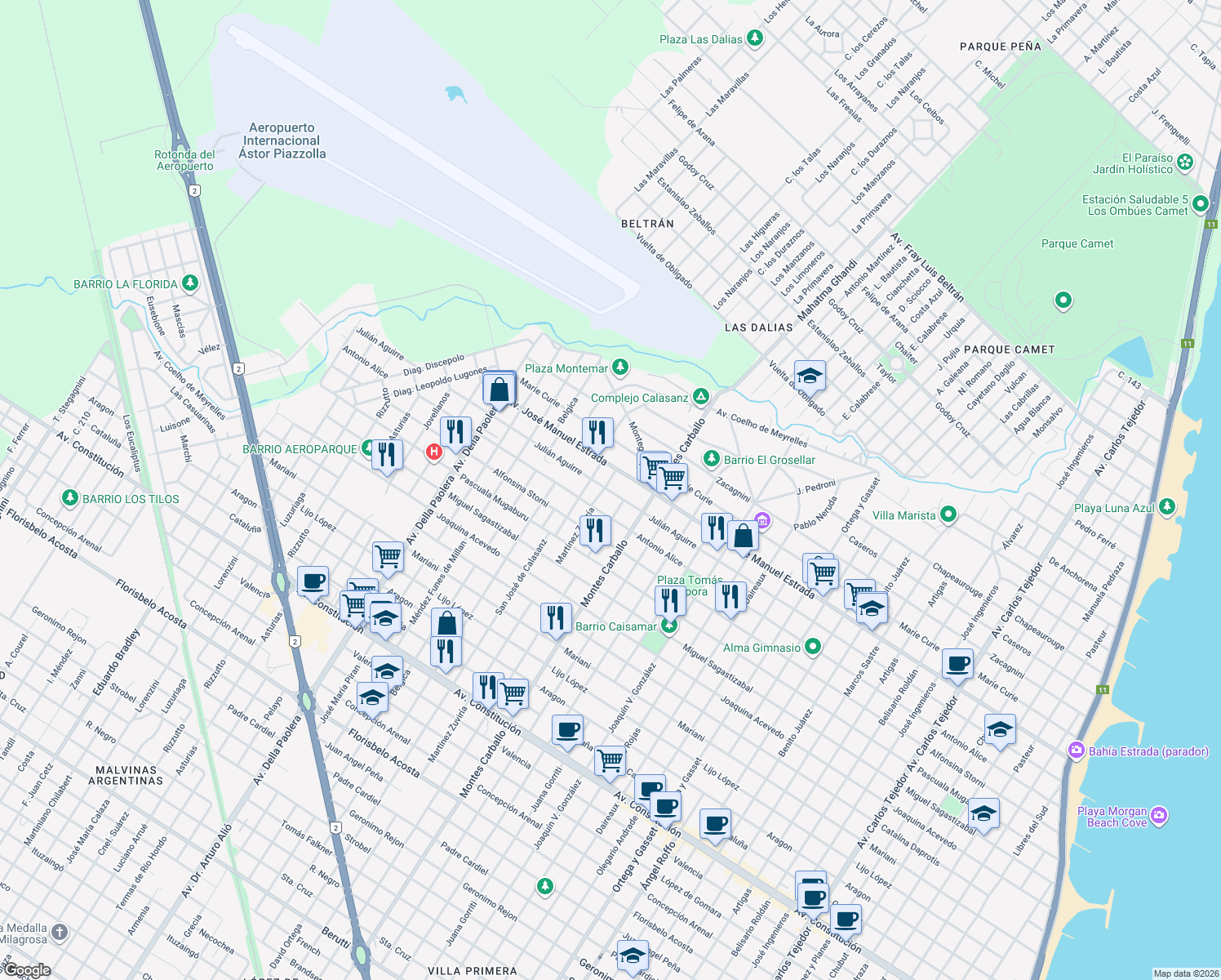 map of restaurants, bars, coffee shops, grocery stores, and more near 6800 Julián Aguirre in Mar del Plata