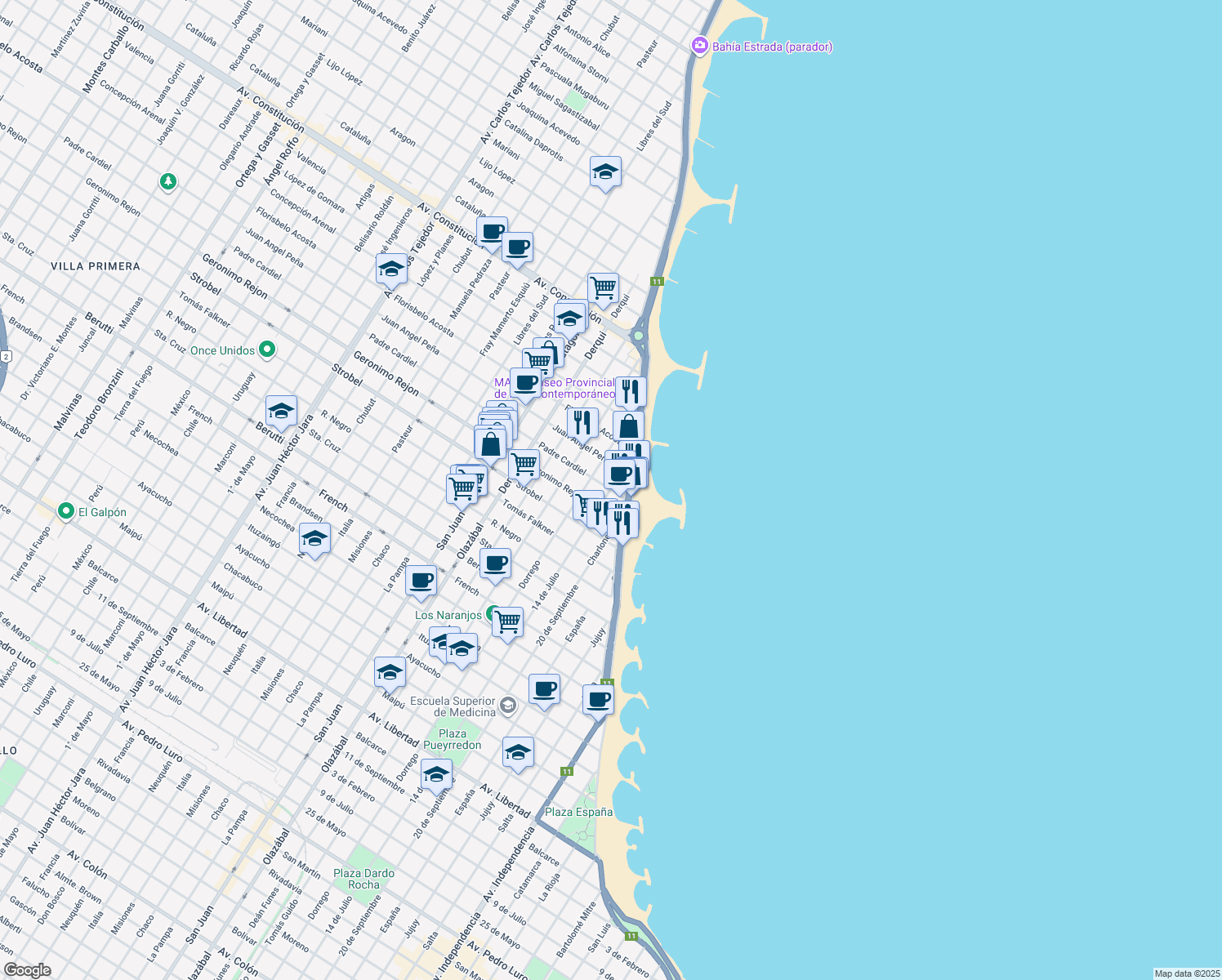 map of restaurants, bars, coffee shops, grocery stores, and more near 3700 Padre Cardiel in Mar del Plata