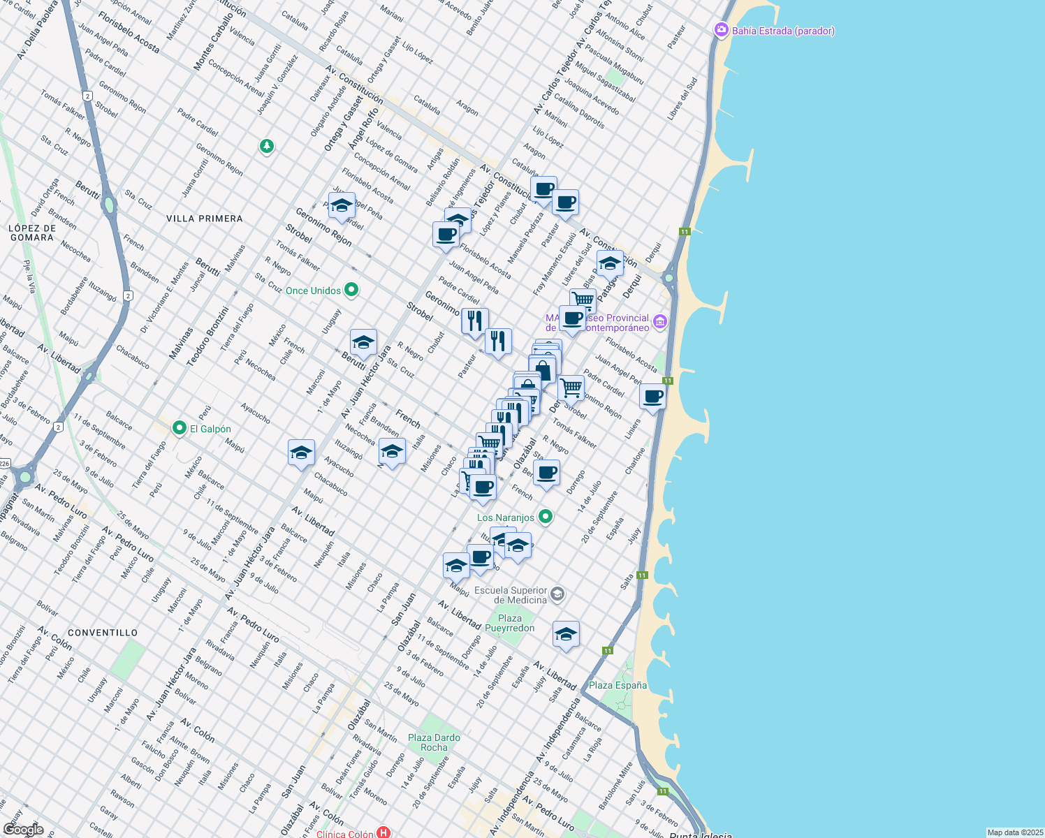 map of restaurants, bars, coffee shops, grocery stores, and more near 9 Patagones in Mar del Plata