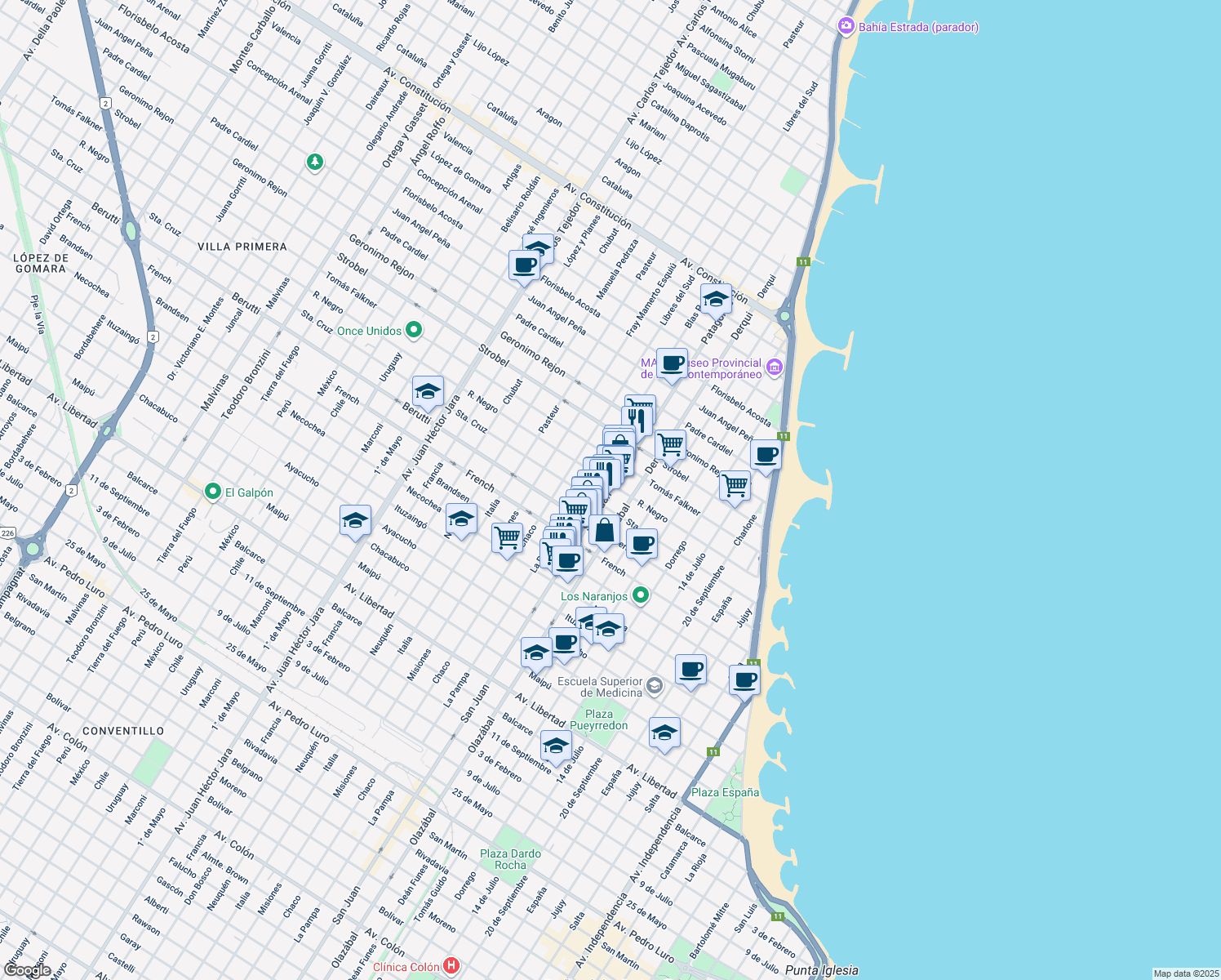 map of restaurants, bars, coffee shops, grocery stores, and more near 10 San Juan in Mar del Plata