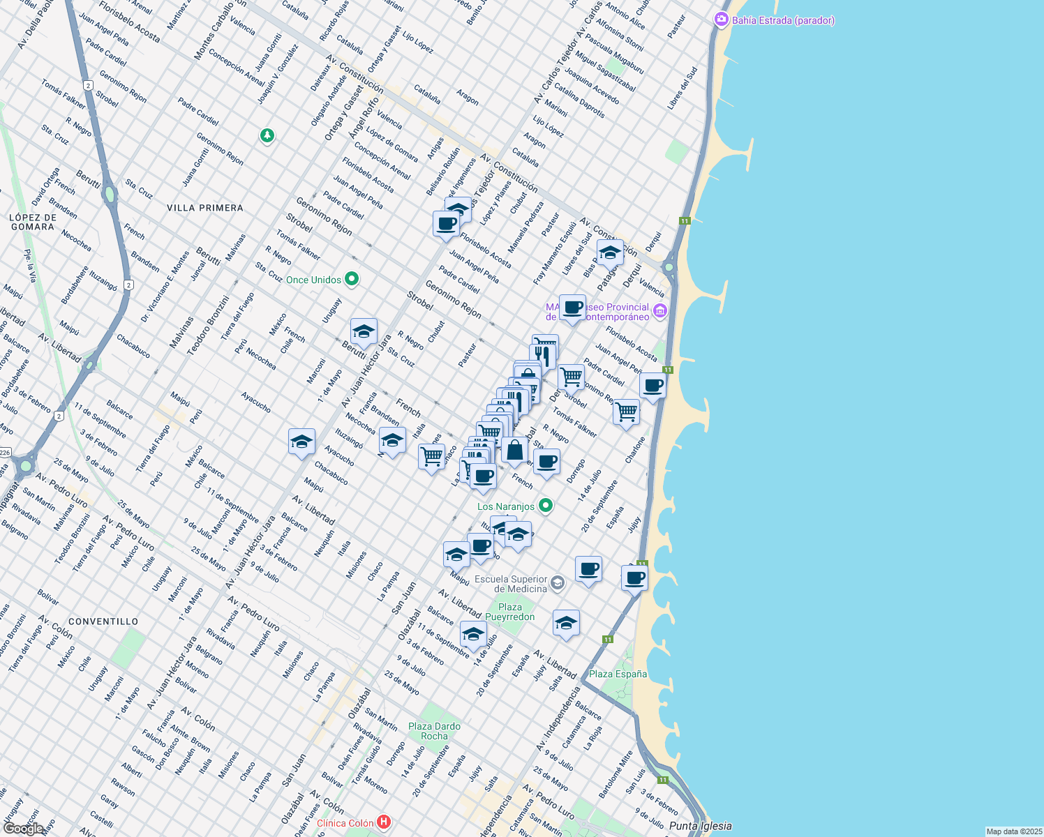 map of restaurants, bars, coffee shops, grocery stores, and more near 10 San Juan in Mar del Plata