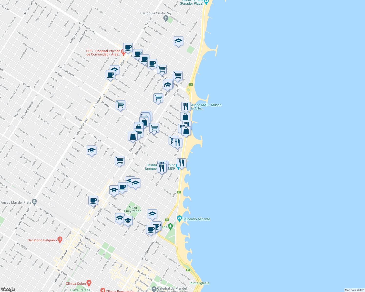 map of restaurants, bars, coffee shops, grocery stores, and more near 3600 Geronimo Rejon in Mar del Plata