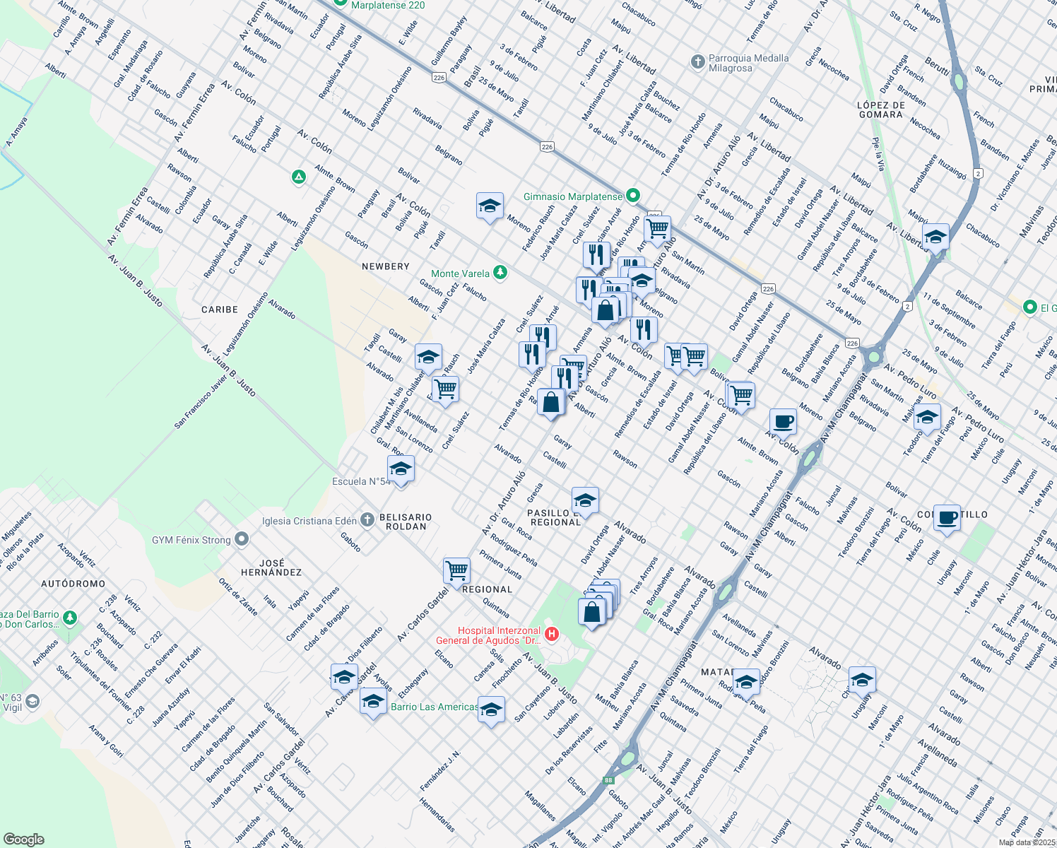 map of restaurants, bars, coffee shops, grocery stores, and more near 2816 Calle 182 in Mar del Plata