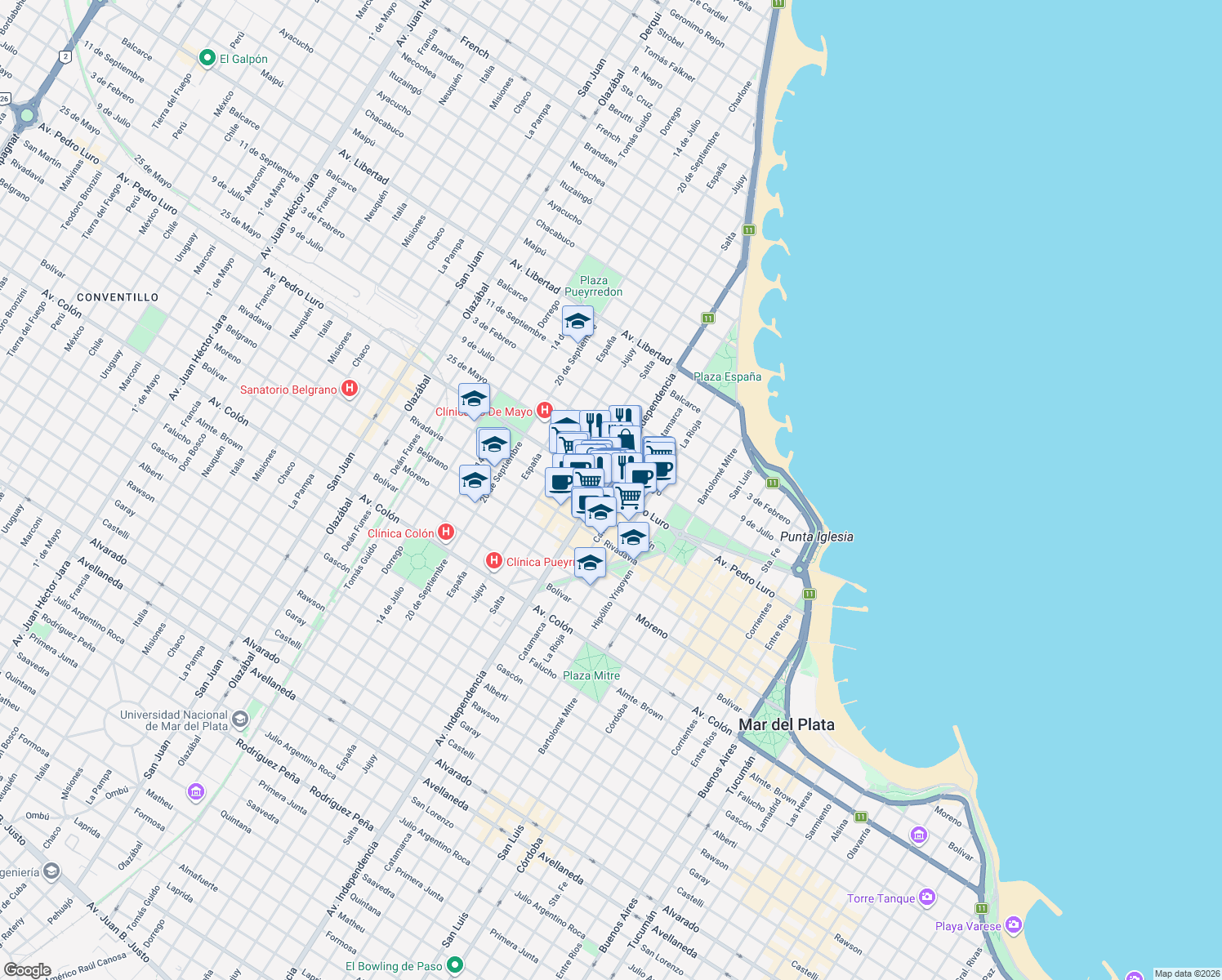 map of restaurants, bars, coffee shops, grocery stores, and more near 3171 Avenida Pedro Luro in Mar del Plata
