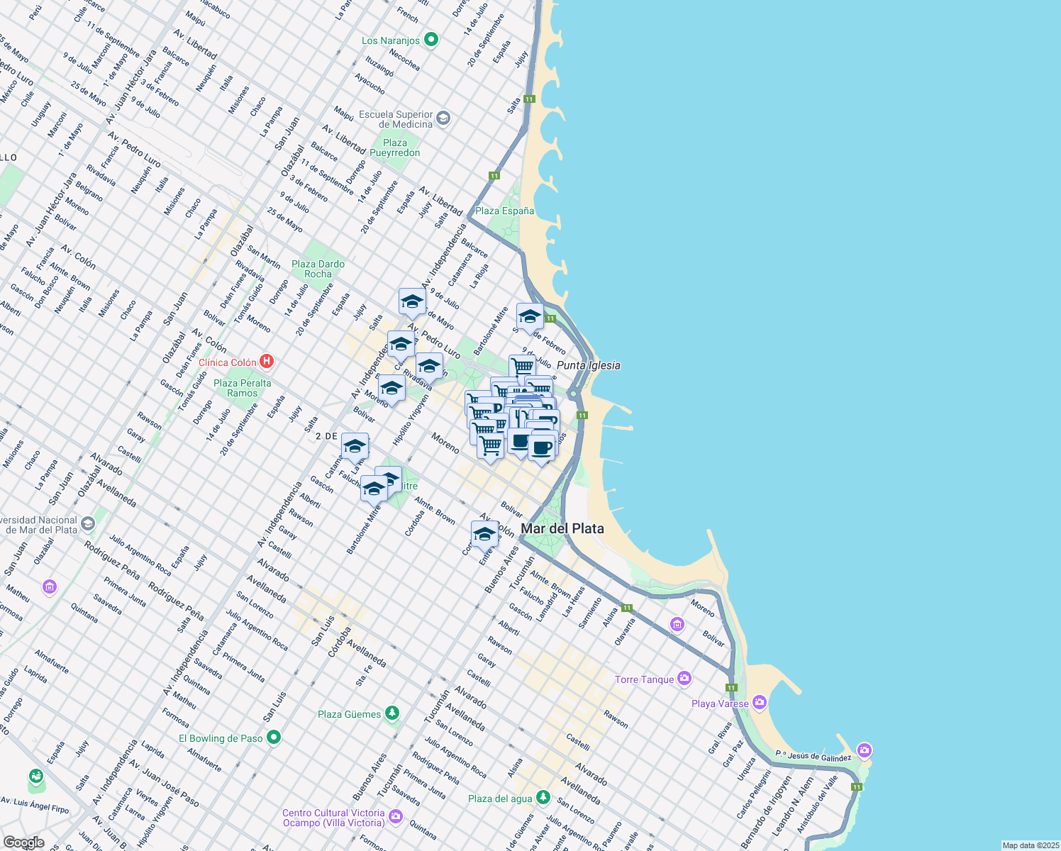 map of restaurants, bars, coffee shops, grocery stores, and more near 2363 Peatonal San Martín in Mar del Plata