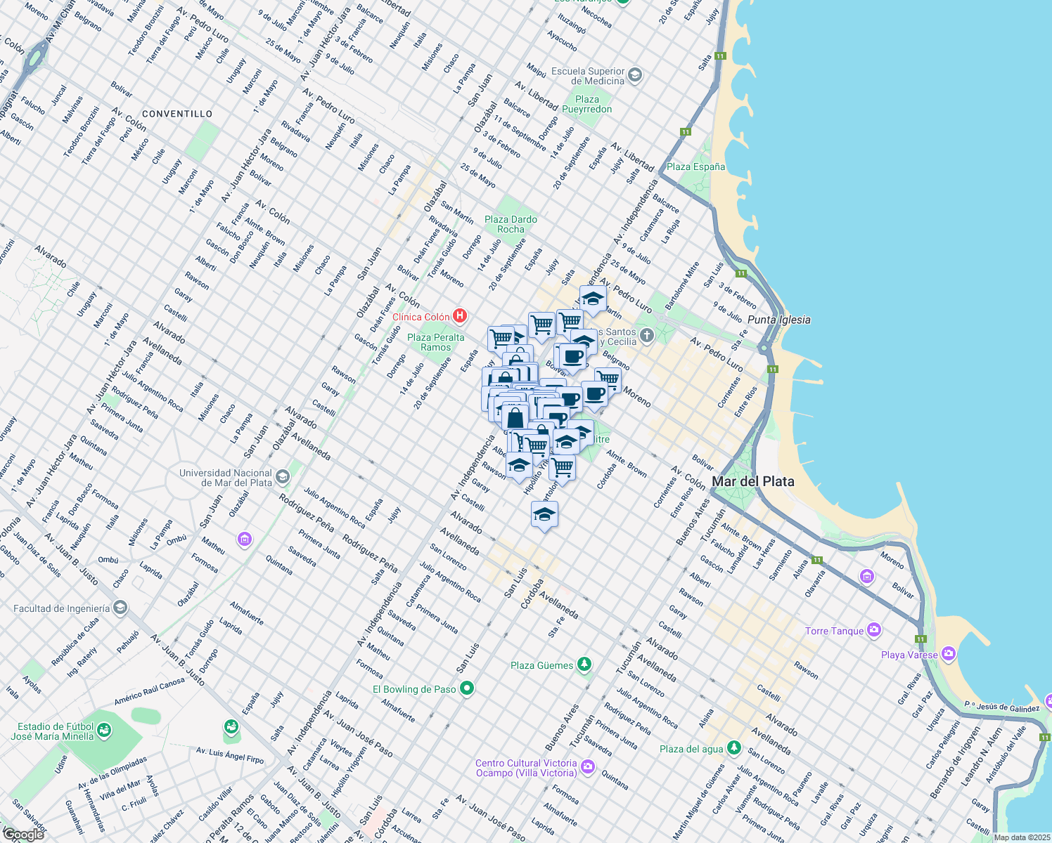 map of restaurants, bars, coffee shops, grocery stores, and more near Falucho in Mar del Plata