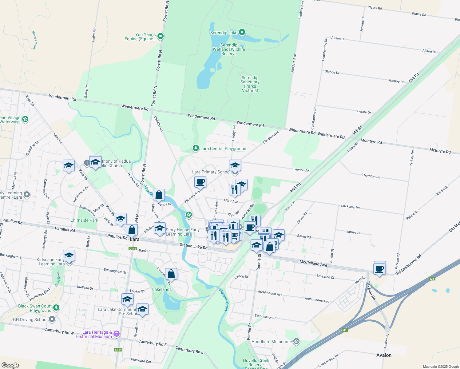 map of restaurants, bars, coffee shops, grocery stores, and more near 8 Wheat Court in Lara