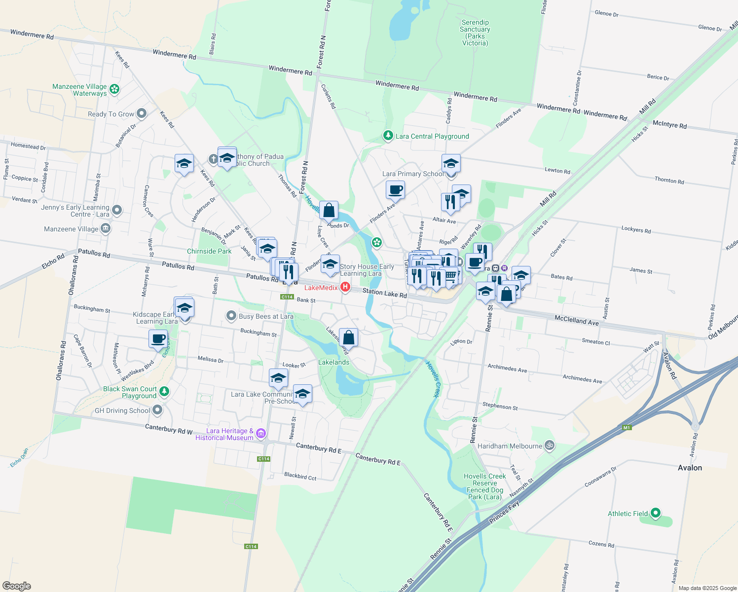 map of restaurants, bars, coffee shops, grocery stores, and more near 88 Station Lake Road in Lara