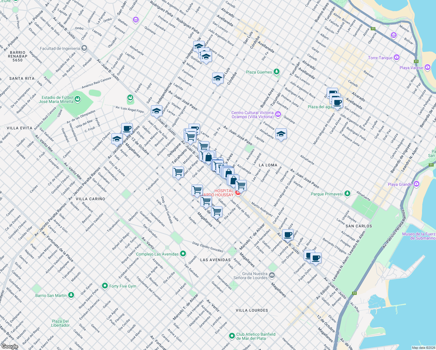 map of restaurants, bars, coffee shops, grocery stores, and more near 7600 Buenos Aires in Mar del Plata