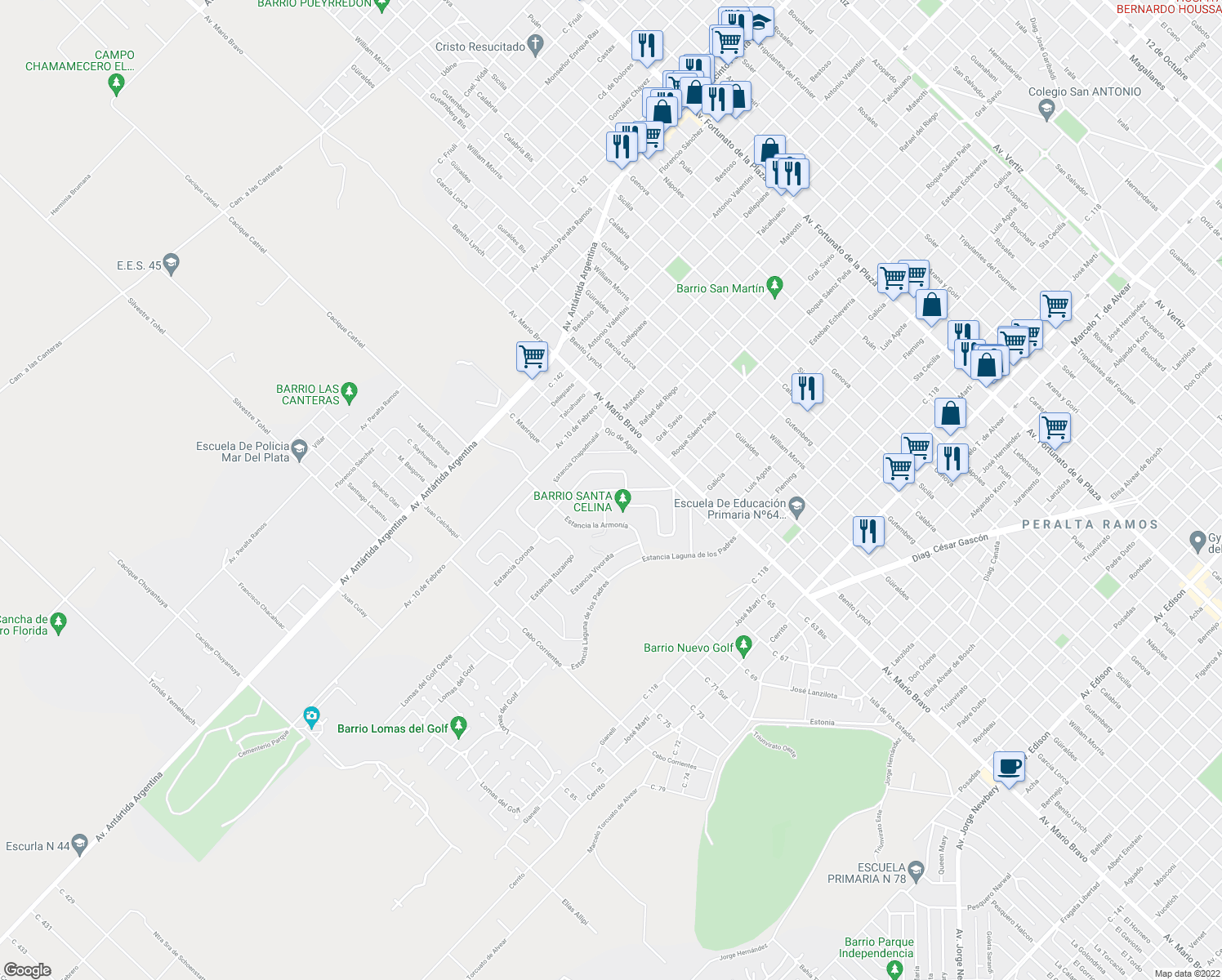 map of restaurants, bars, coffee shops, grocery stores, and more near Estancia Chapadmalal in Mar del Plata