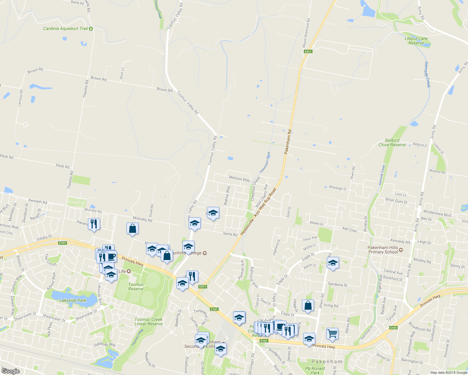 map of restaurants, bars, coffee shops, grocery stores, and more near 27 Tangelo Terrace in Pakenham